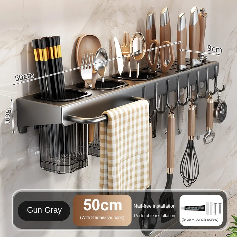 Wall Mounted Kitchen Utensil Rack with Hooks and Towel Bar – 19.7” Countertop Organizer