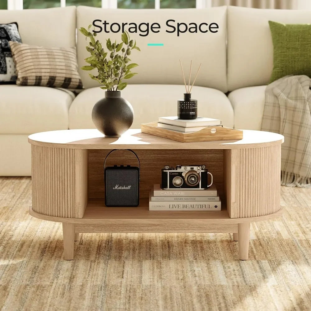 Mid-Century Modern Oval Coffee Table with Sliding Tambour Door – Natural Oak Finish
