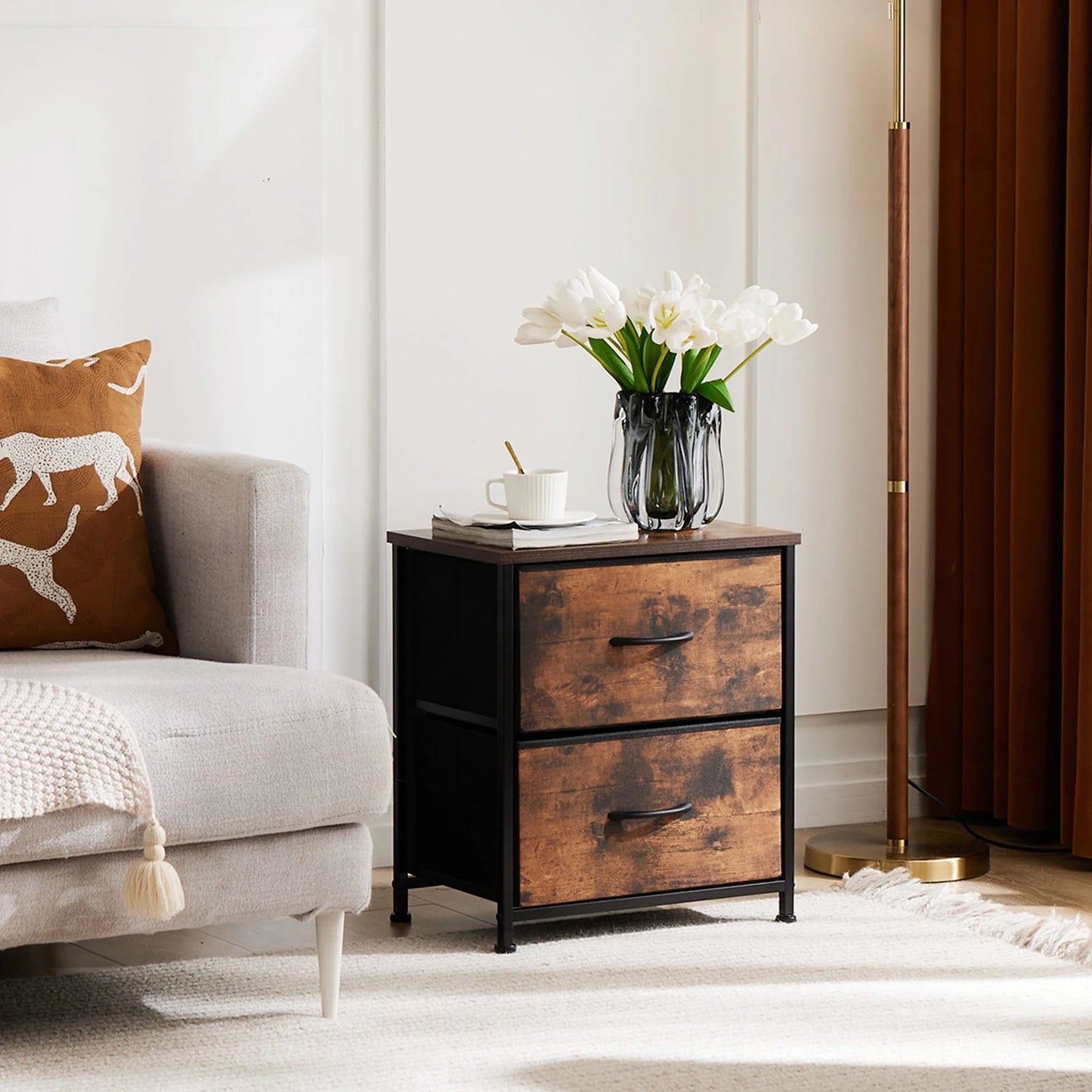 Minimalist Modern Nightstand with 2 Removable Fabric Drawers