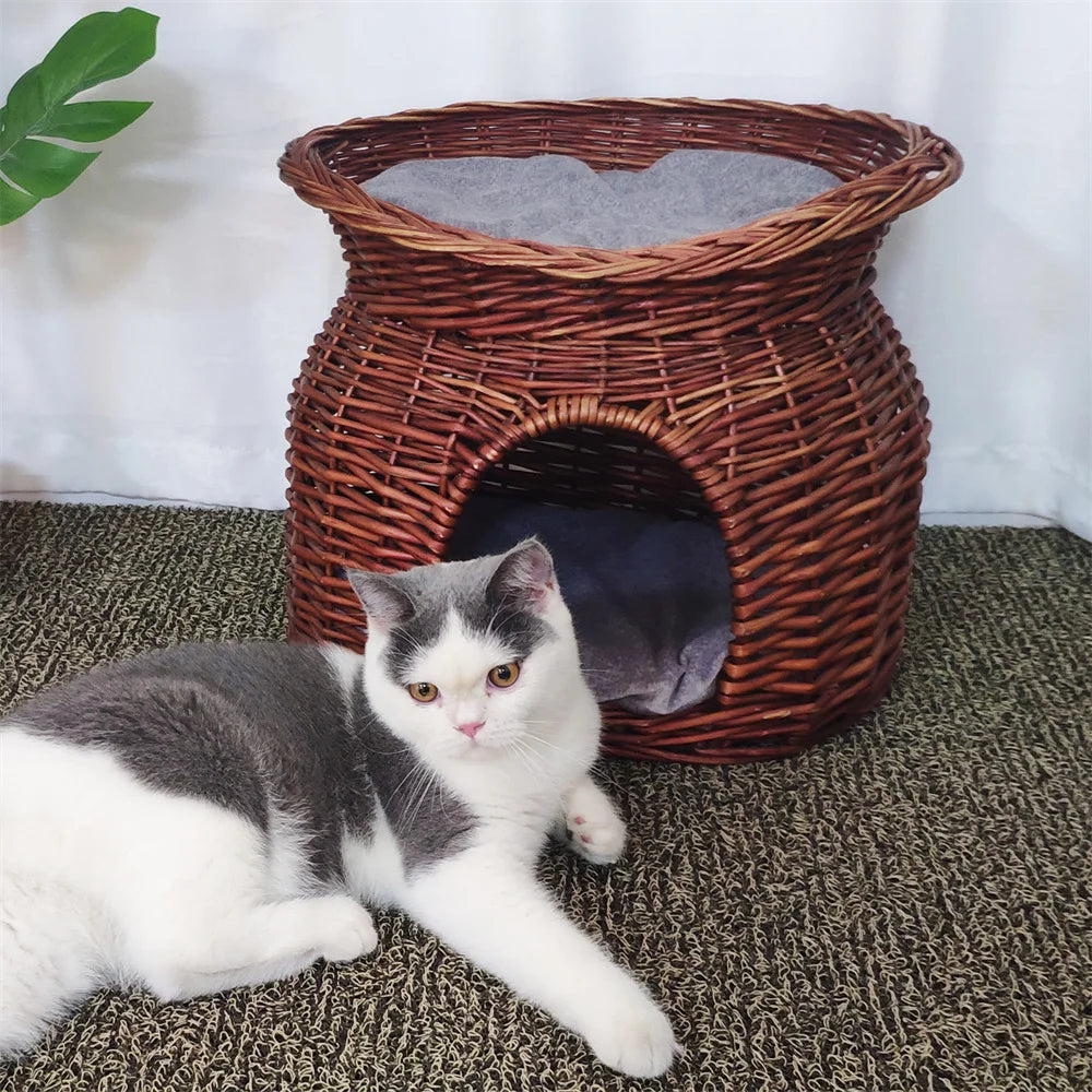 BORWART Double-Layer Wicker Cat House – With Cushions and Removable Cover