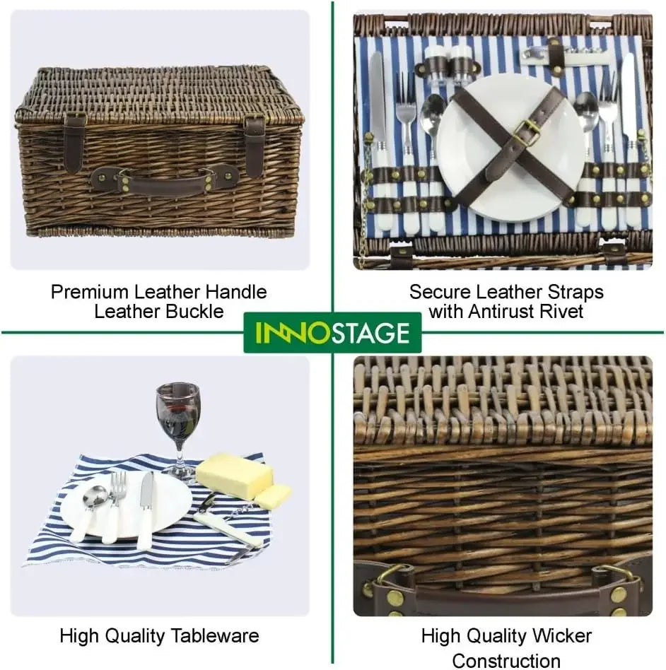 Juego de cestas de picnic de mimbre para 2 personas: con manta impermeable y accesorios