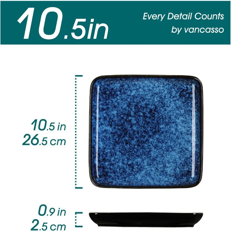 WRDEW Stoneware Salad Plate Set – 10.5" Blue Square Plates (Set of 6)