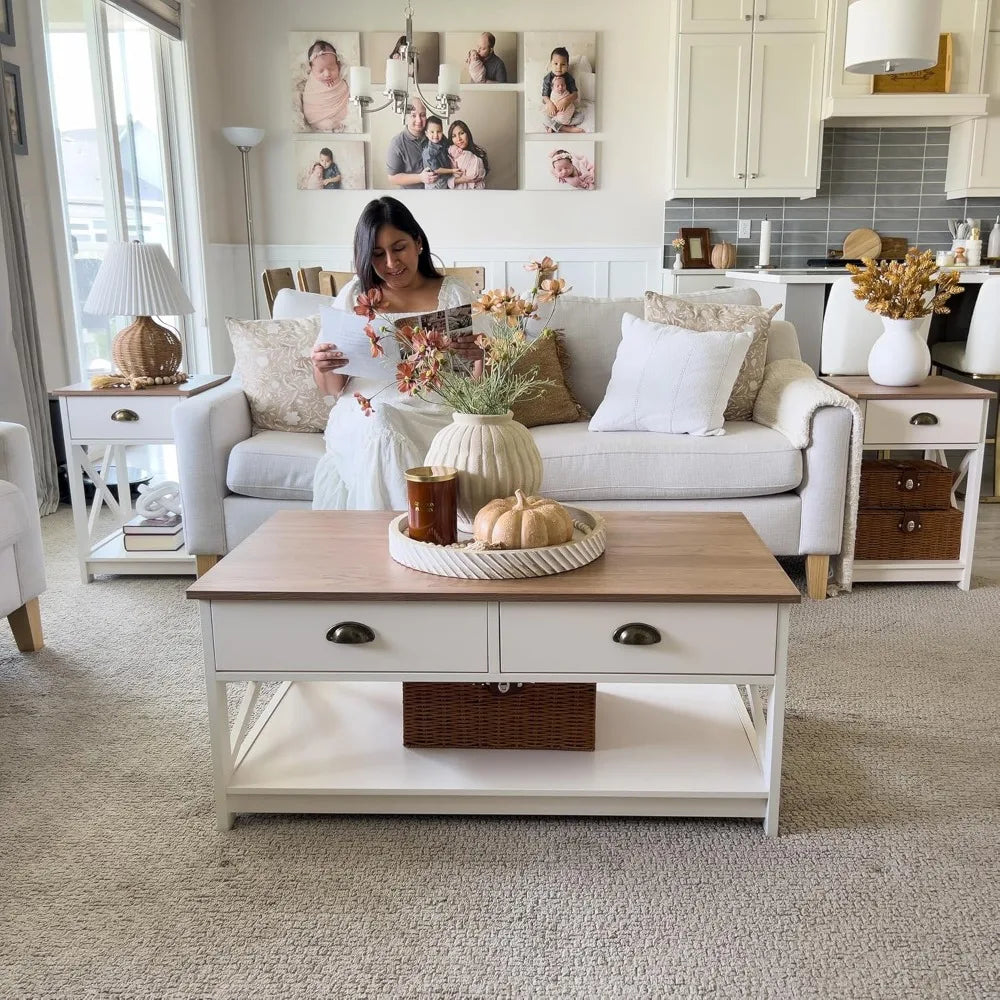 Ivory Farmhouse Coffee Table with Storage – 39.4" x 21.7"