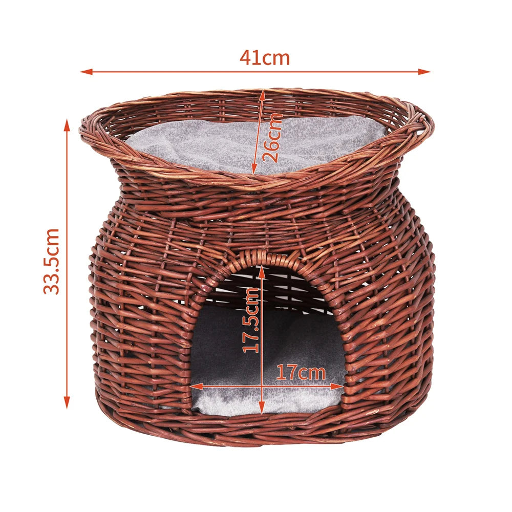 BORWART Double-Layer Wicker Cat House – With Cushions and Removable Cover