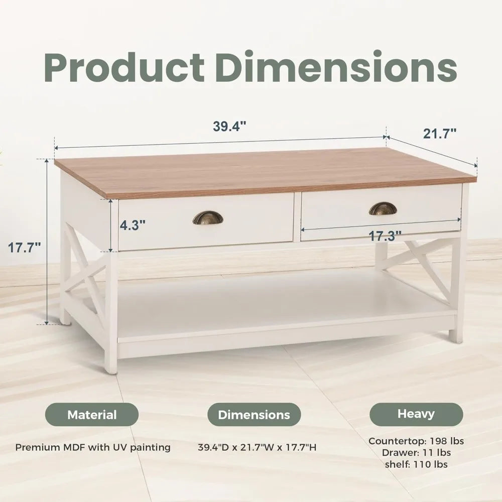Ivory Farmhouse Coffee Table with Storage – 39.4" x 21.7"