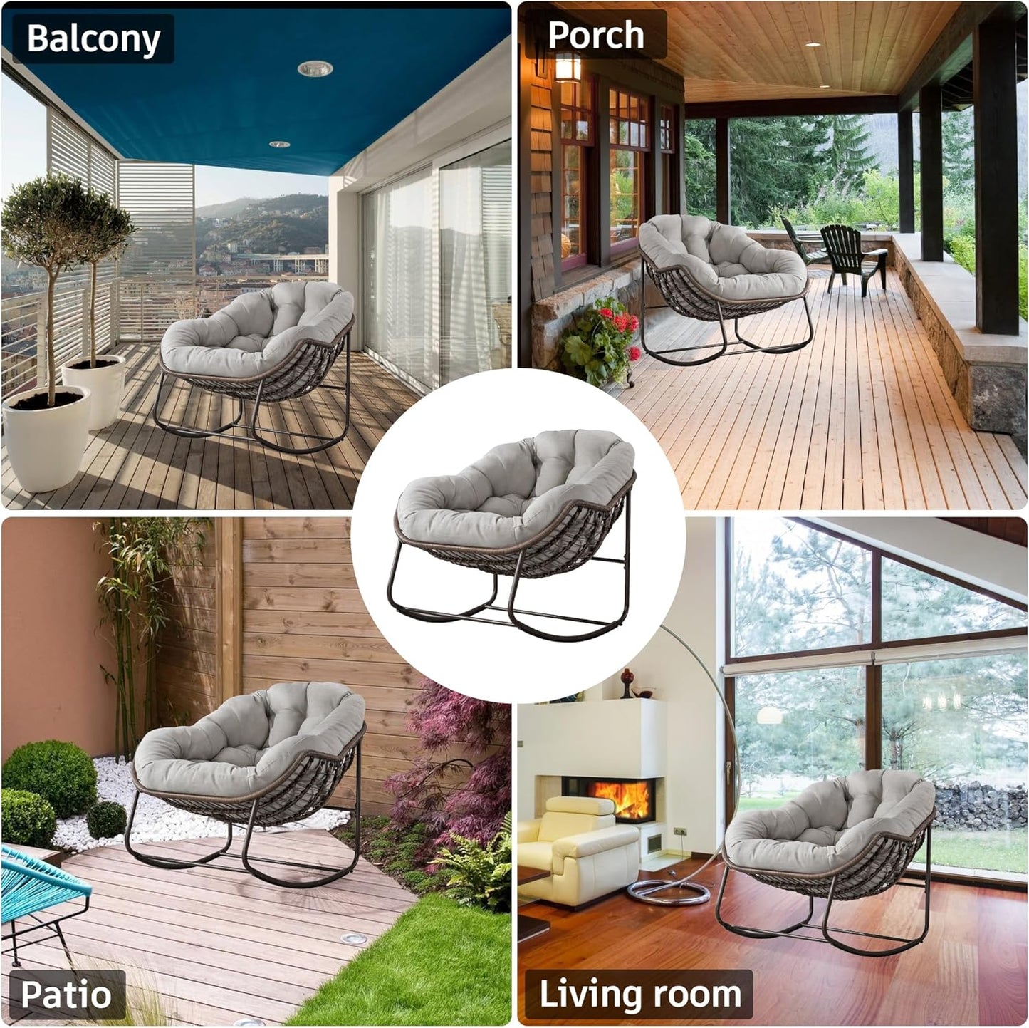 Large Indoor Outdoor Rocking Chair, Oversized Rocking Papasan Chair with Thick Cushion and Frame Outdoor Rocker, Comfy Wicker Egg Chairs Lounge for outside Porch Patio Backyard Balcony (Beige)