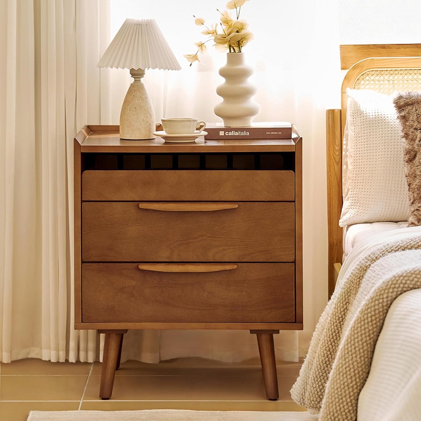 2 Drawer Nightstand with Charging Station, Mid-Century Modern Bedside Tables with Wood Legs, Wood Night Stand with Pull-Out Shelf, Walnut