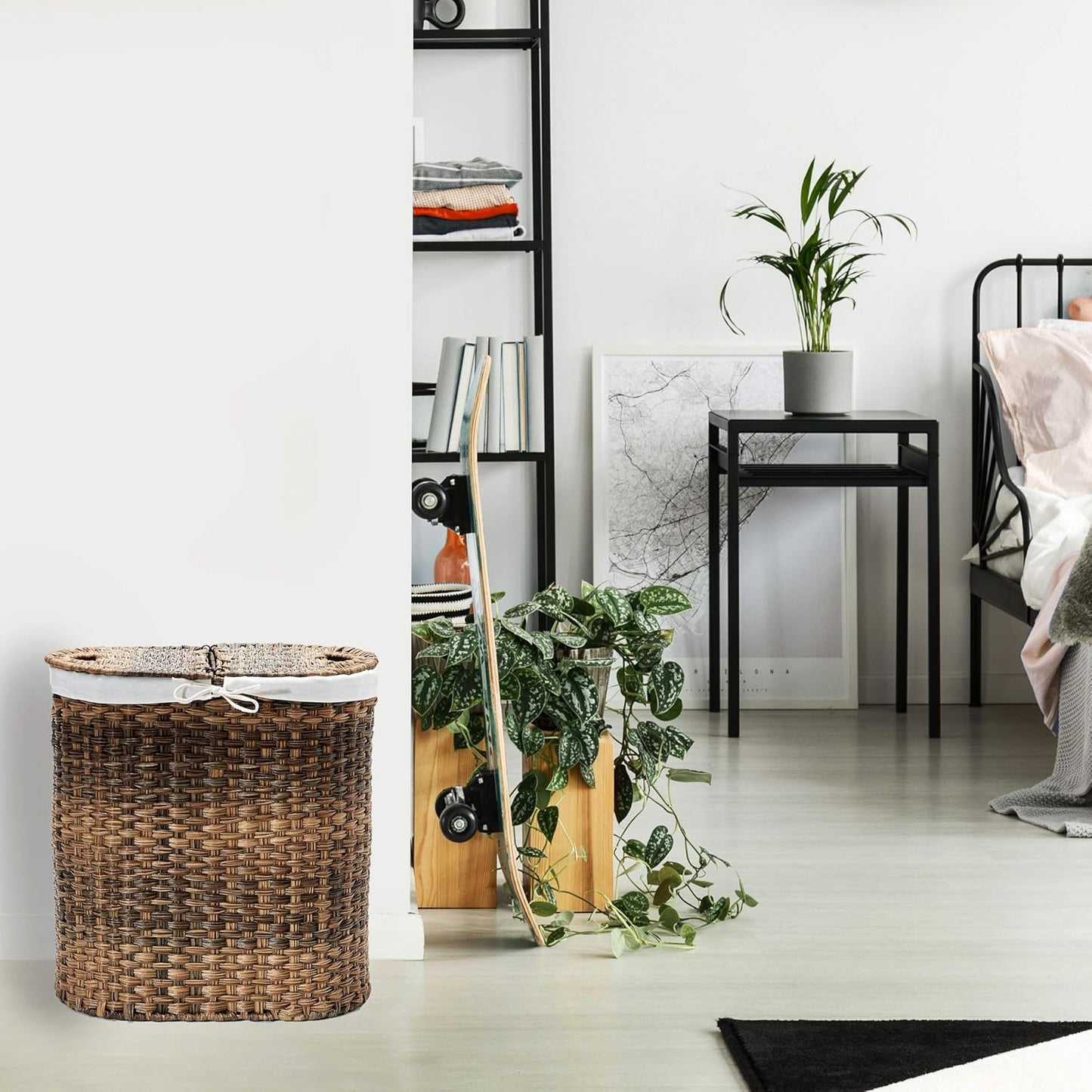 Premium Handwoven Portable Laundry Bin Basket with Carrying Handles, Household Storage for Clothes, Linens, Sheets, Mocha Brown, Oval Hamper