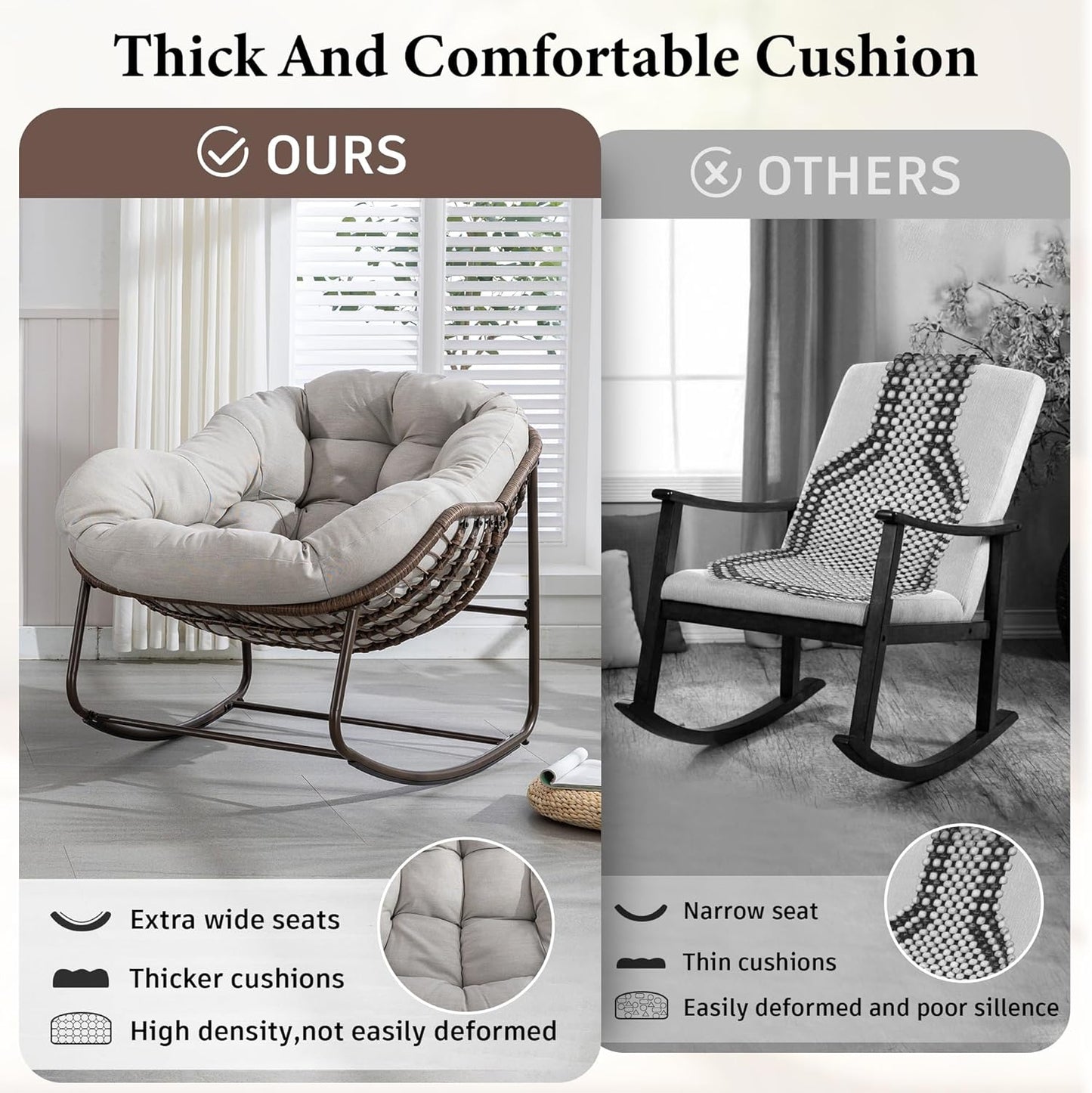 Large Indoor Outdoor Rocking Chair, Oversized Rocking Papasan Chair with Thick Cushion and Frame Outdoor Rocker, Comfy Wicker Egg Chairs Lounge for outside Porch Patio Backyard Balcony (Beige)
