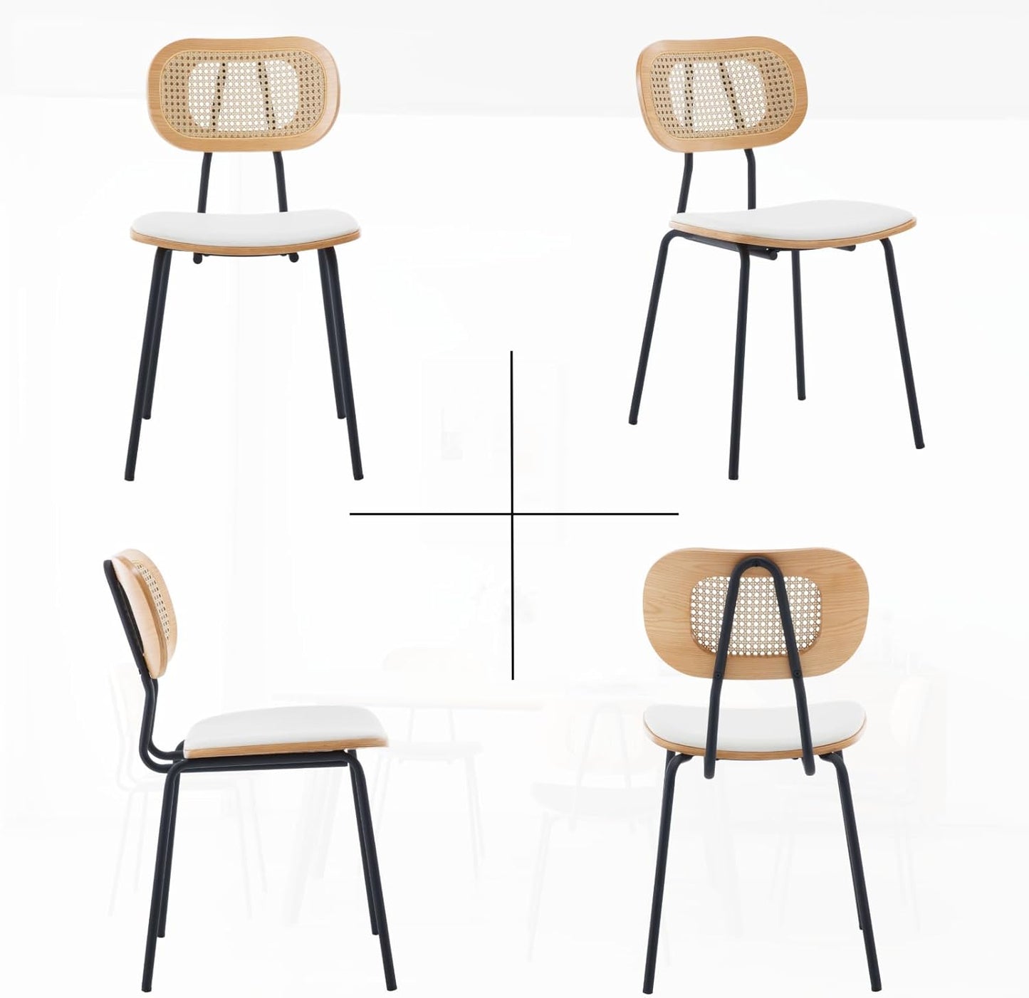 Dining Chairs Set of 2, Upholstered Faux Leather Rattan Dining Chairs with Backrest and Metal Legs, Armless Kitchen Rattan Chairs for Dining Room, White