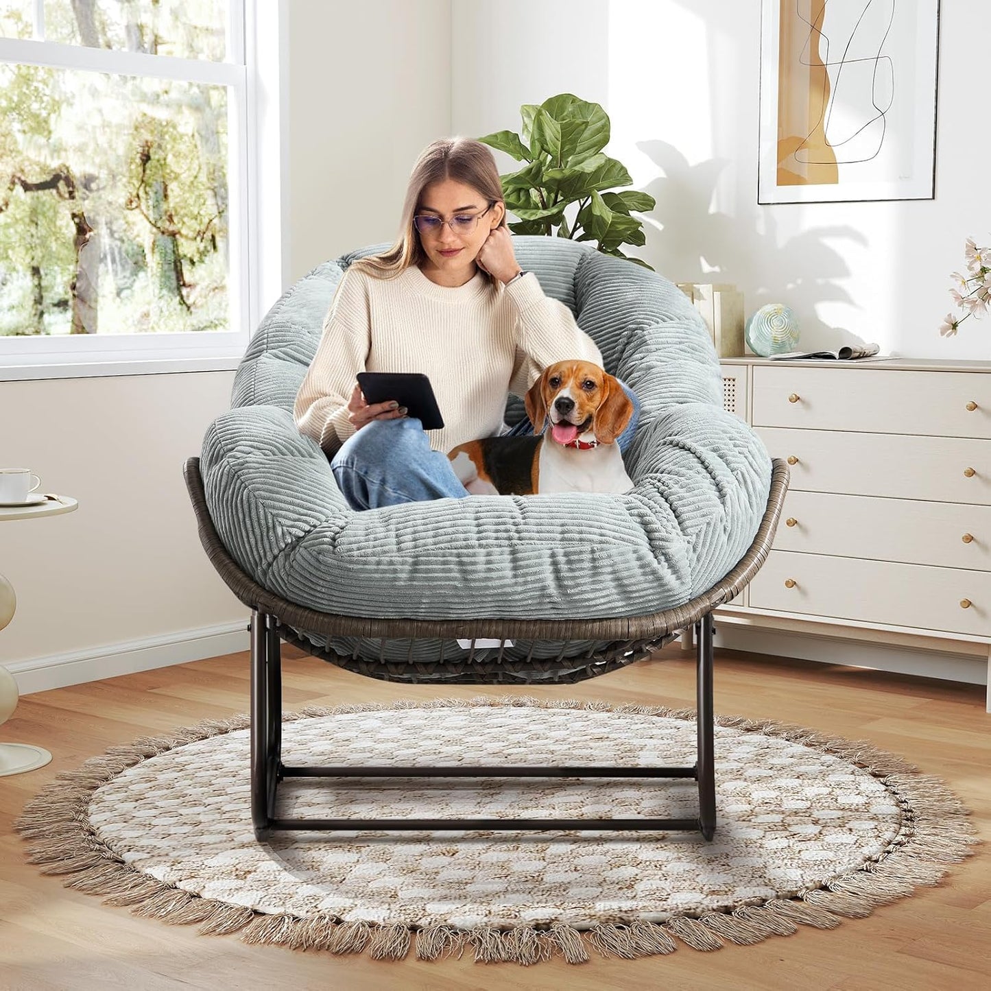 Large Indoor Outdoor Rocking Chair, Oversized Rocking Papasan Chair with Thick Cushion and Frame Outdoor Rocker, Comfy Wicker Egg Chairs Lounge for outside Porch Patio Backyard Balcony (Beige)