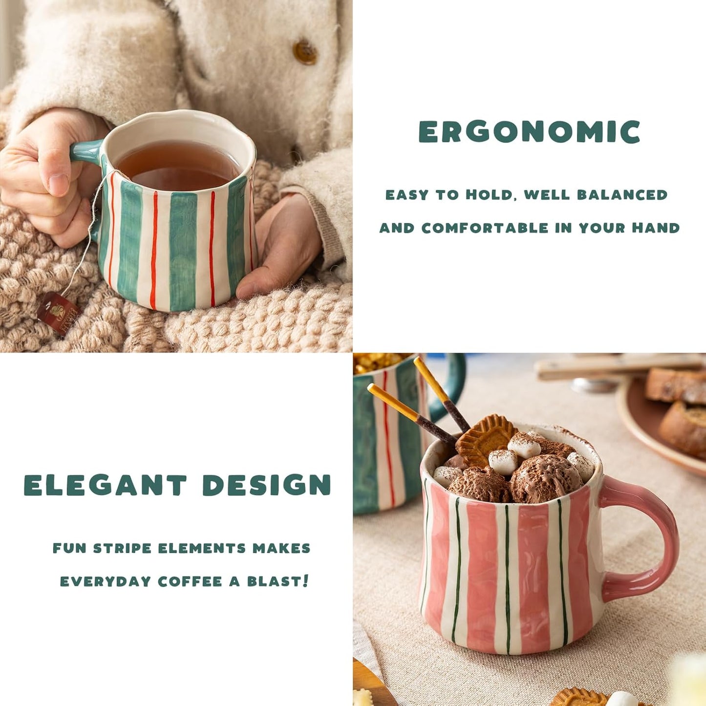 Striped Ceramic Coffee Mugs Set - 2 Pack, Pink & Green,Perfect for Morning Brew or Tea and Cocoa - for Coffee Lovers