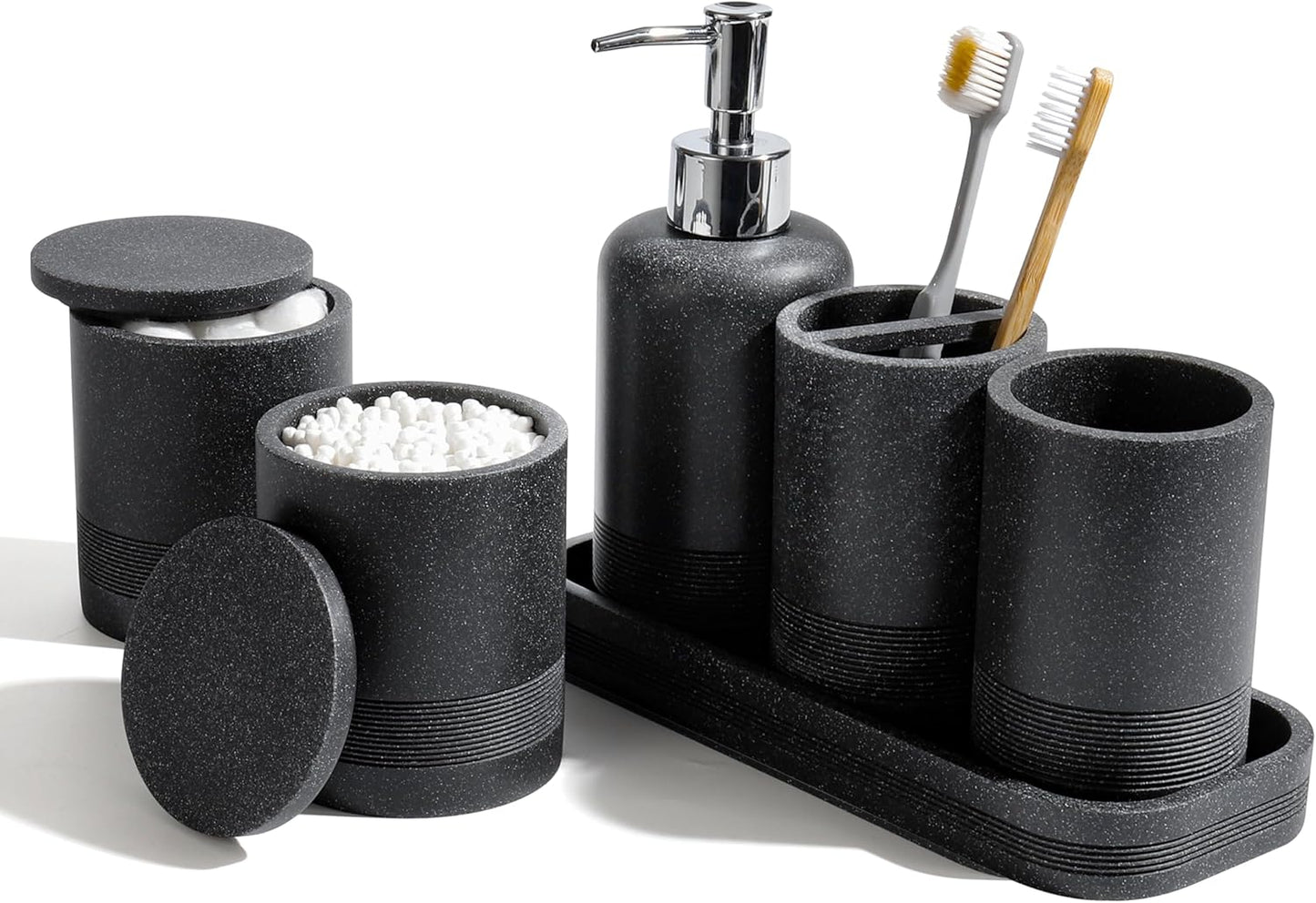 Bathroom Accessories Set, 6-Piece Bathroom Accessory Set, Toothbrush Holders Set, Soap Dispenser, Vanity Tray, Tumbler, Cotton Swab Jars, Bathroom Organizer for Modern Bathrooms(Beige)