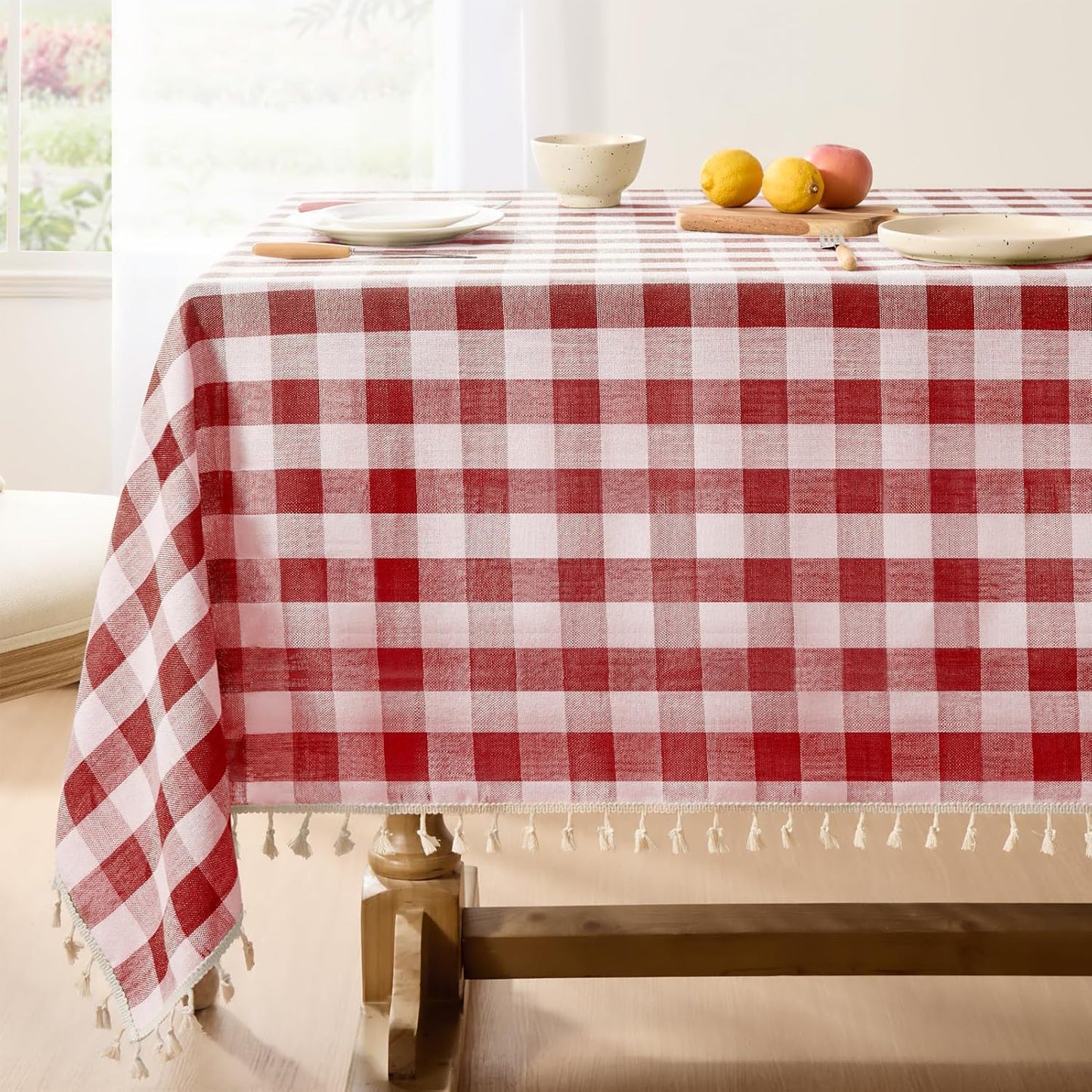 Checkered Tablecloth Rectangle, Heavy Weight Linen Gingham Christmas Table Cloth with Tassel, Washable Wrinkle Free Buffalo Plaid Table Cover for Dining/Party/Home - 55 X 84 Inch, Sage