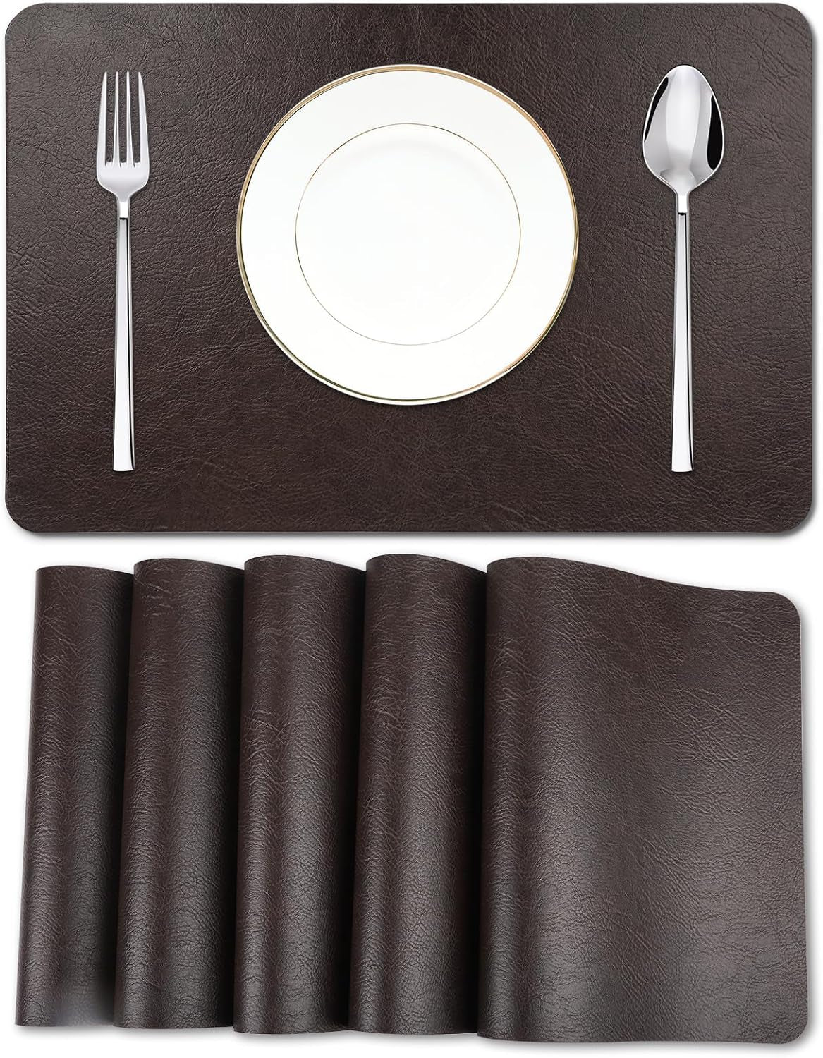 Cowhide Pattern Faux Leather Placemats Set of 6,Heat Resistant Non-Slip Waterproof Wipeable Washable Kitchen Dining PU Table Place Mats,Double-Sides Available,Dark Coffee