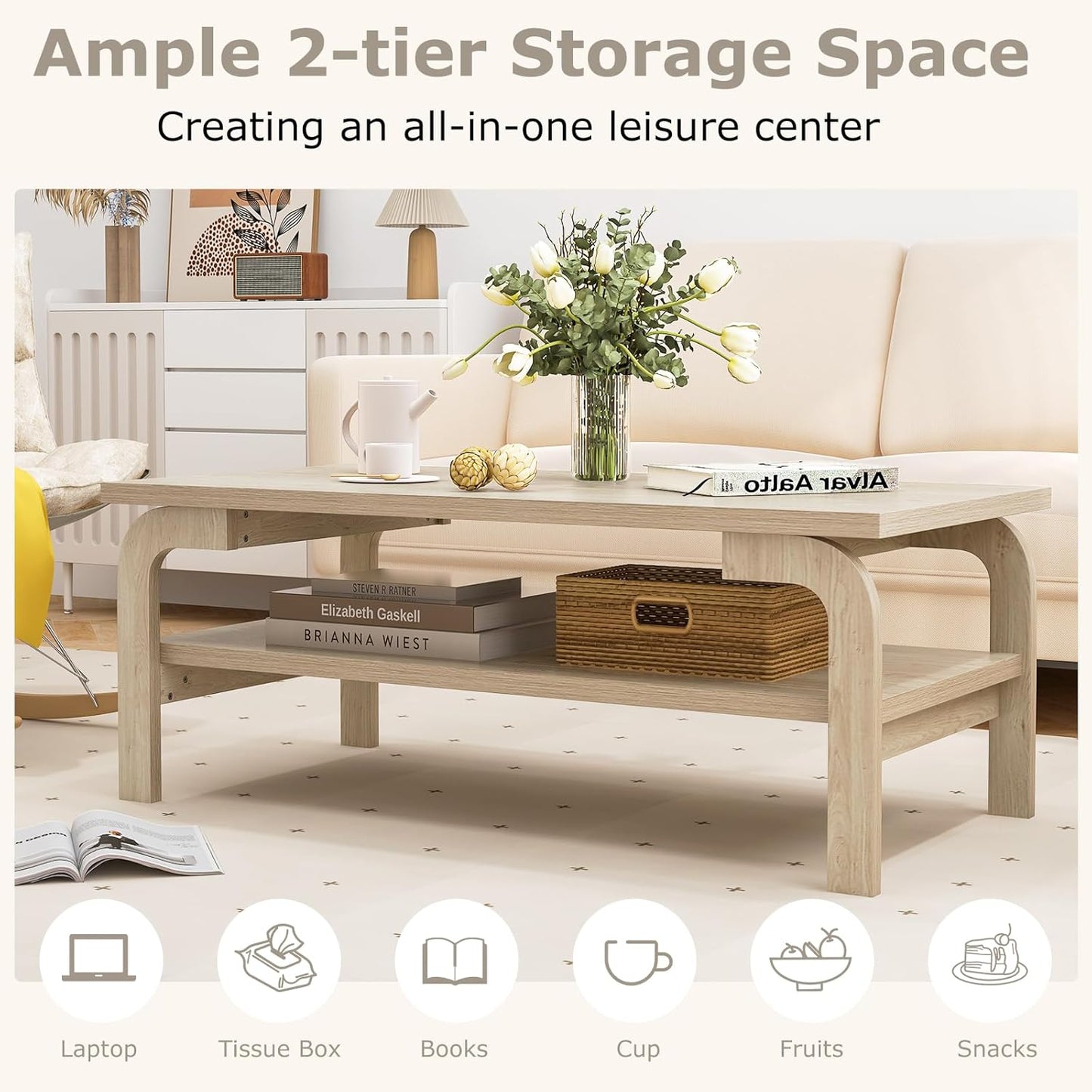 2-Tier Coffee Table with Storage, 47” Mid Century Rectangle Accent Table with Open Shelf, Large Tabletop & Curved Legs, Rustic Style Wood Cocktail, Center Table for Living Room, Natural