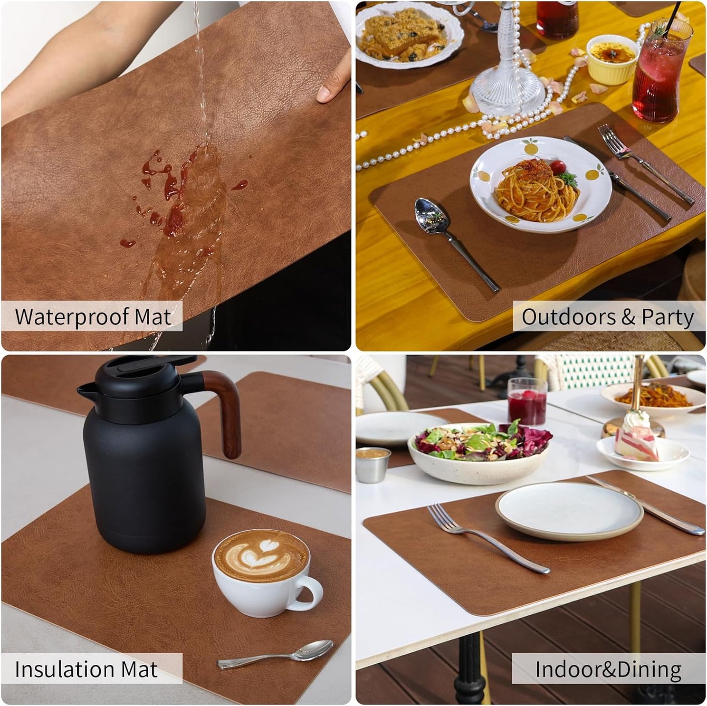 Cowhide Pattern Faux Leather Placemats Set of 6,Heat Resistant Non-Slip Waterproof Wipeable Washable Kitchen Dining PU Table Place Mats,Double-Sides Available,Dark Coffee