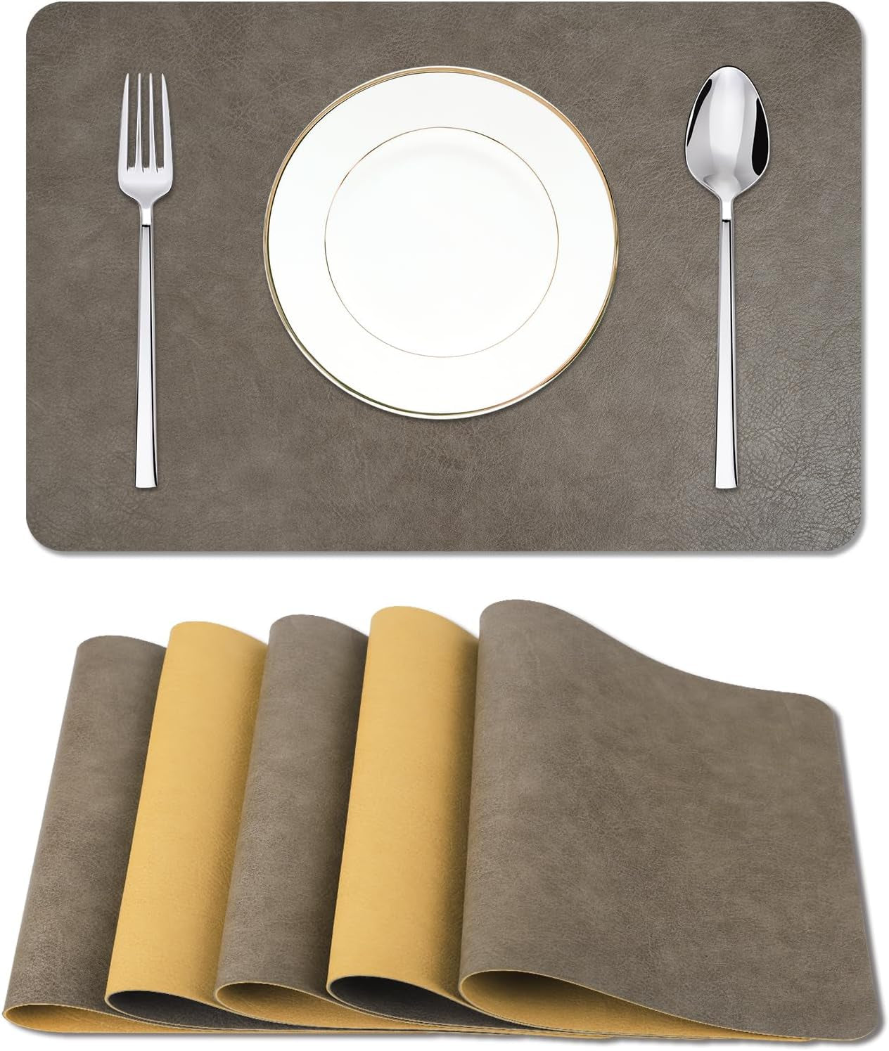 Cowhide Pattern Faux Leather Placemats Set of 6,Heat Resistant Non-Slip Waterproof Wipeable Washable Kitchen Dining PU Table Place Mats,Double-Sides Available,Dark Coffee