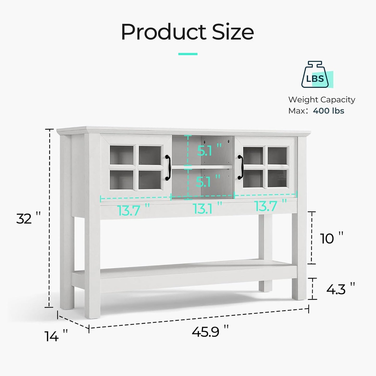 46“ Console Table with Sliding Glass Doors, Coffee Bar, Modern Entryway Table with Storage Shelf, Sofa Table behind Couch, Buffet Sideboard for Kitchen, Hallway, Living Room, White
