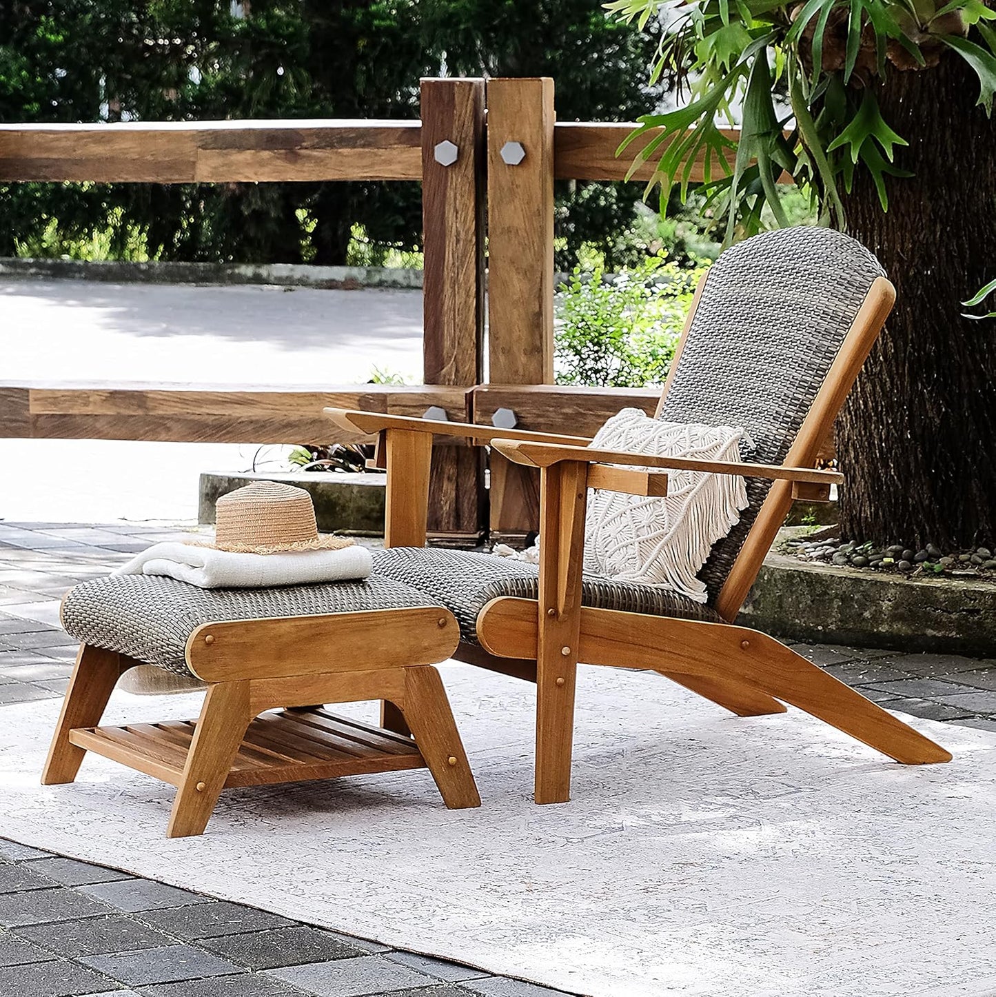 Auburn Padded Upholstered Outdoor Adirondack Chair, Teak Wood and All-Weather Wicker