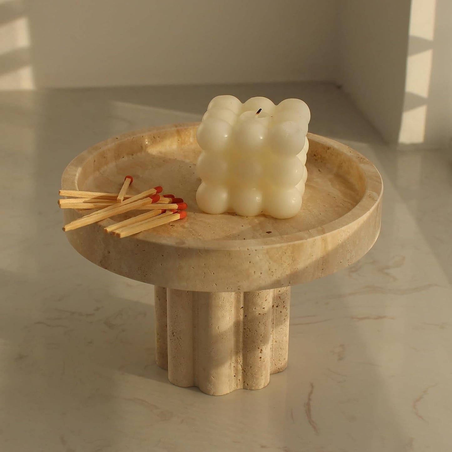Natural Travertine Tray with Leg, round 7.1" Vanity Decorative Tray for Countertop Organizer, Catchall Tray for Perfume, Candles, Jewelry Dish