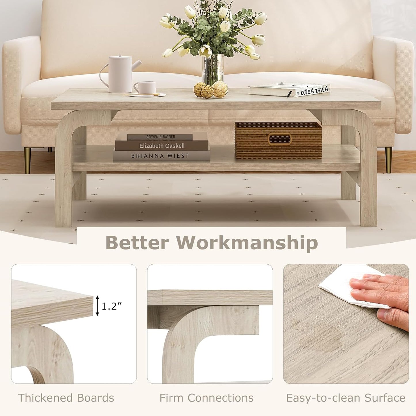 2-Tier Coffee Table with Storage, 47” Mid Century Rectangle Accent Table with Open Shelf, Large Tabletop & Curved Legs, Rustic Style Wood Cocktail, Center Table for Living Room, Natural