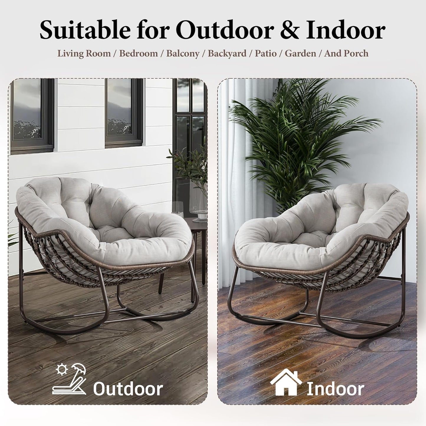 Large Indoor Outdoor Rocking Chair, Oversized Rocking Papasan Chair with Thick Cushion and Frame Outdoor Rocker, Comfy Wicker Egg Chairs Lounge for outside Porch Patio Backyard Balcony (Beige)