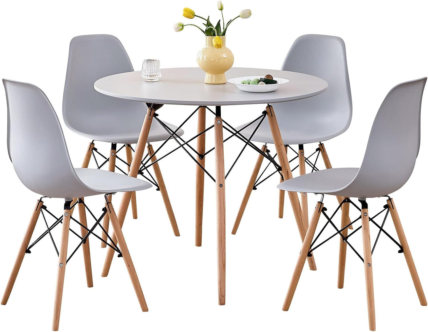 5-Piece round Dining Table Set, Small 31.5" Kitchen Table Chairs Set of 4 Space Saving Furniture, Plastic Seats, Solid Wood Legs, for Living Room Apartment Office Home, Green