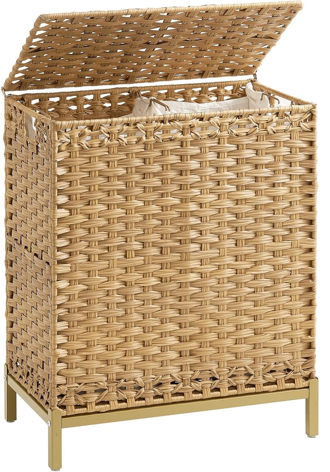 Laundry Hamper with Lid, 112 L Handwoven Rattan Wicker Laundry Basket, 2 Removable Liner Bags Metal Heightened Feet, 6 Mesh Bags, 2 Section Large Clothes Hamper for Bathroom Bedroom, Natural