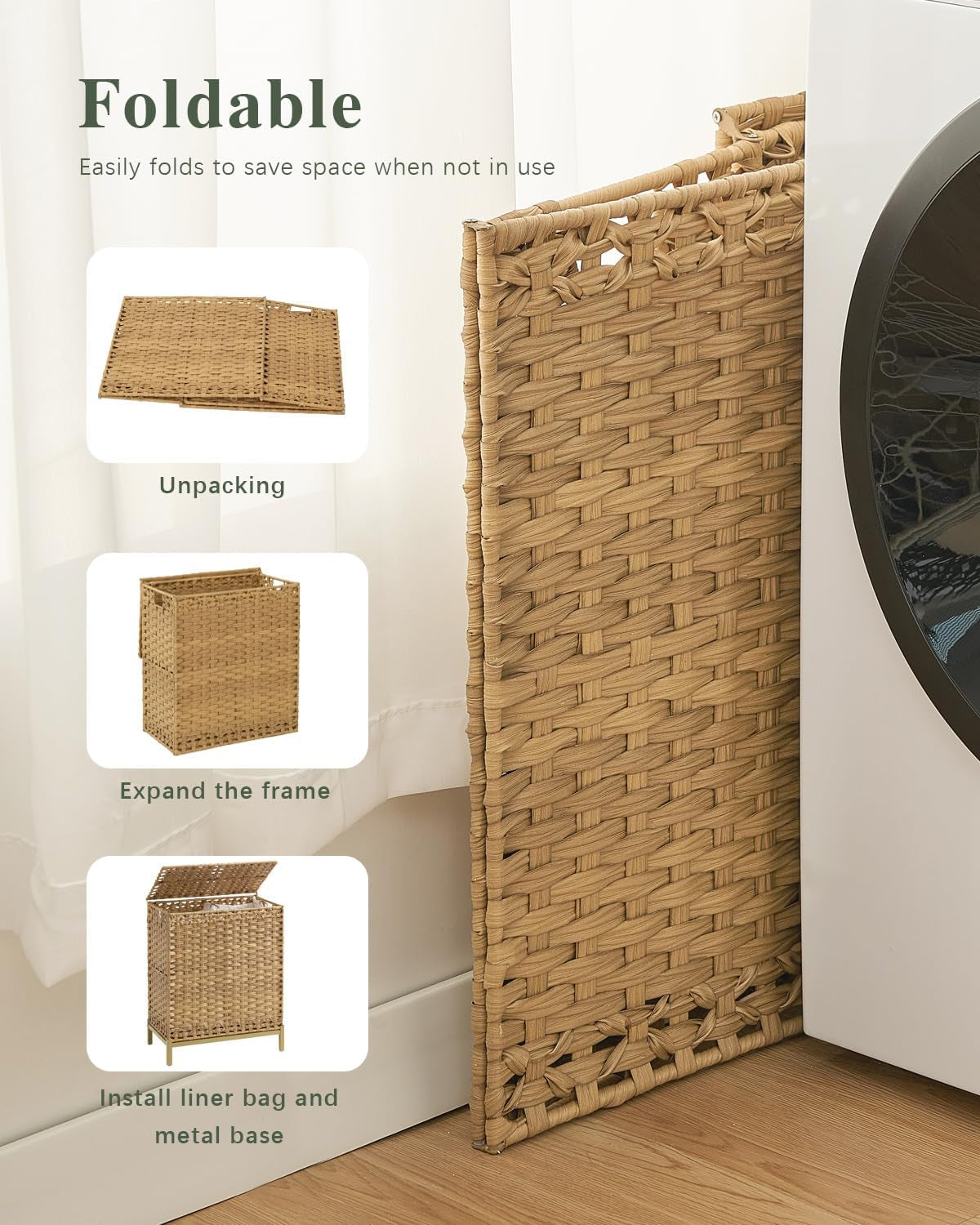 Laundry Hamper with Lid, 112 L Handwoven Rattan Wicker Laundry Basket, 2 Removable Liner Bags Metal Heightened Feet, 6 Mesh Bags, 2 Section Large Clothes Hamper for Bathroom Bedroom, Natural