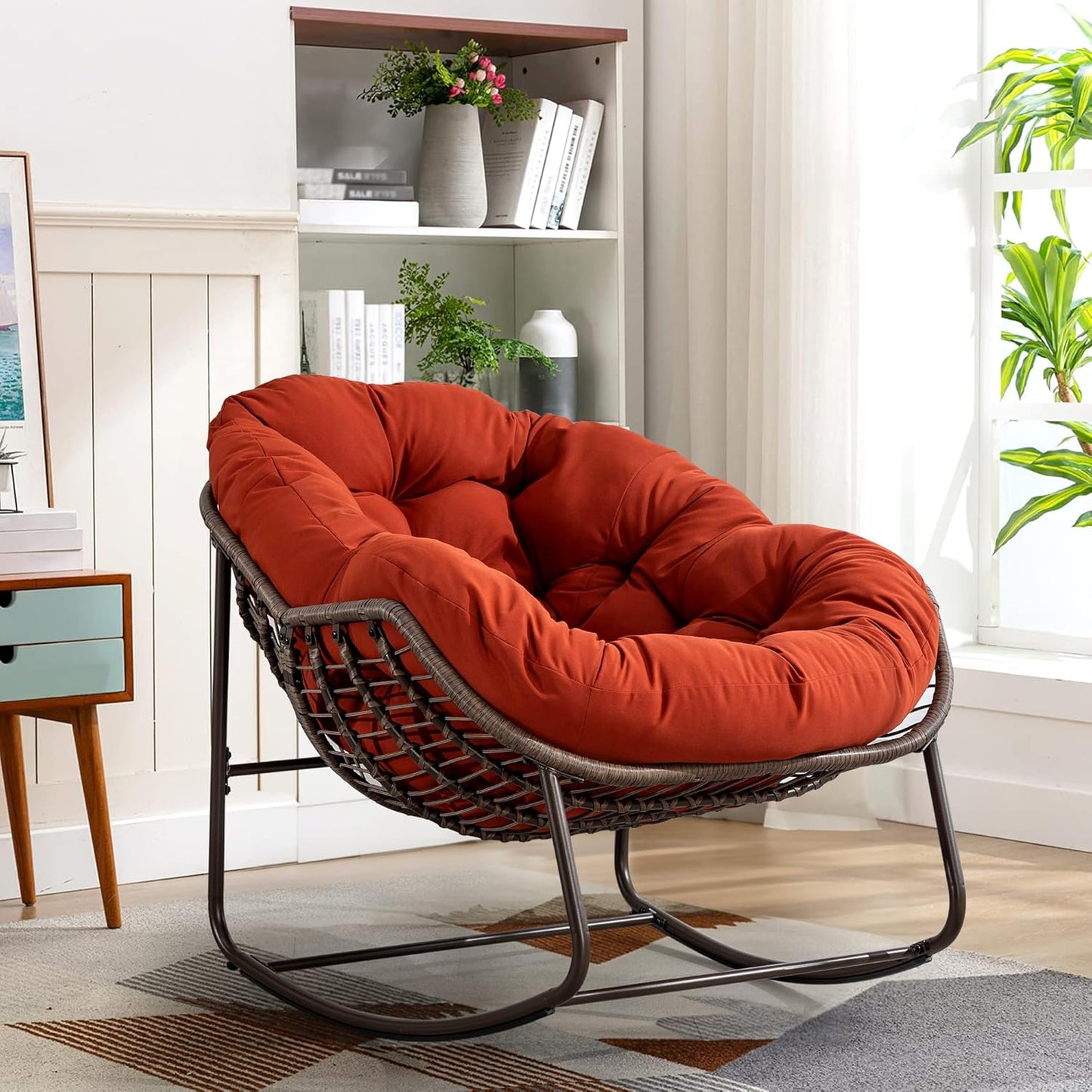 Large Indoor Outdoor Rocking Chair, Oversized Rocking Papasan Chair with Thick Cushion and Frame Outdoor Rocker, Comfy Wicker Egg Chairs Lounge for outside Porch Patio Backyard Balcony (Beige)