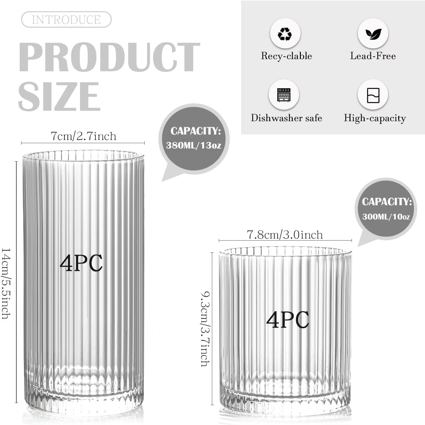 Set of 8 Ribbed Glassware, 4 Large Glasses 13 Oz, 4 Rocks Glass Cups 10 Oz