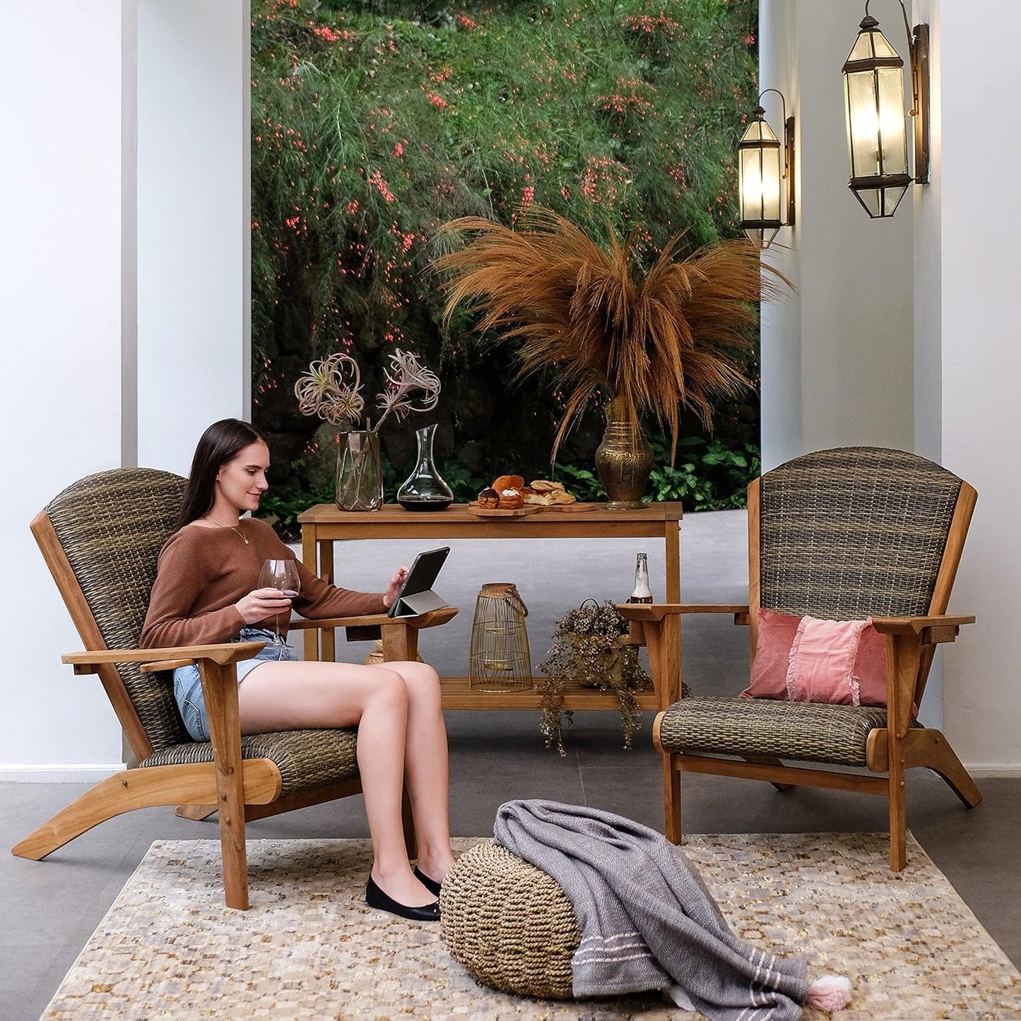 Auburn Padded Upholstered Outdoor Adirondack Chair, Teak Wood and All-Weather Wicker