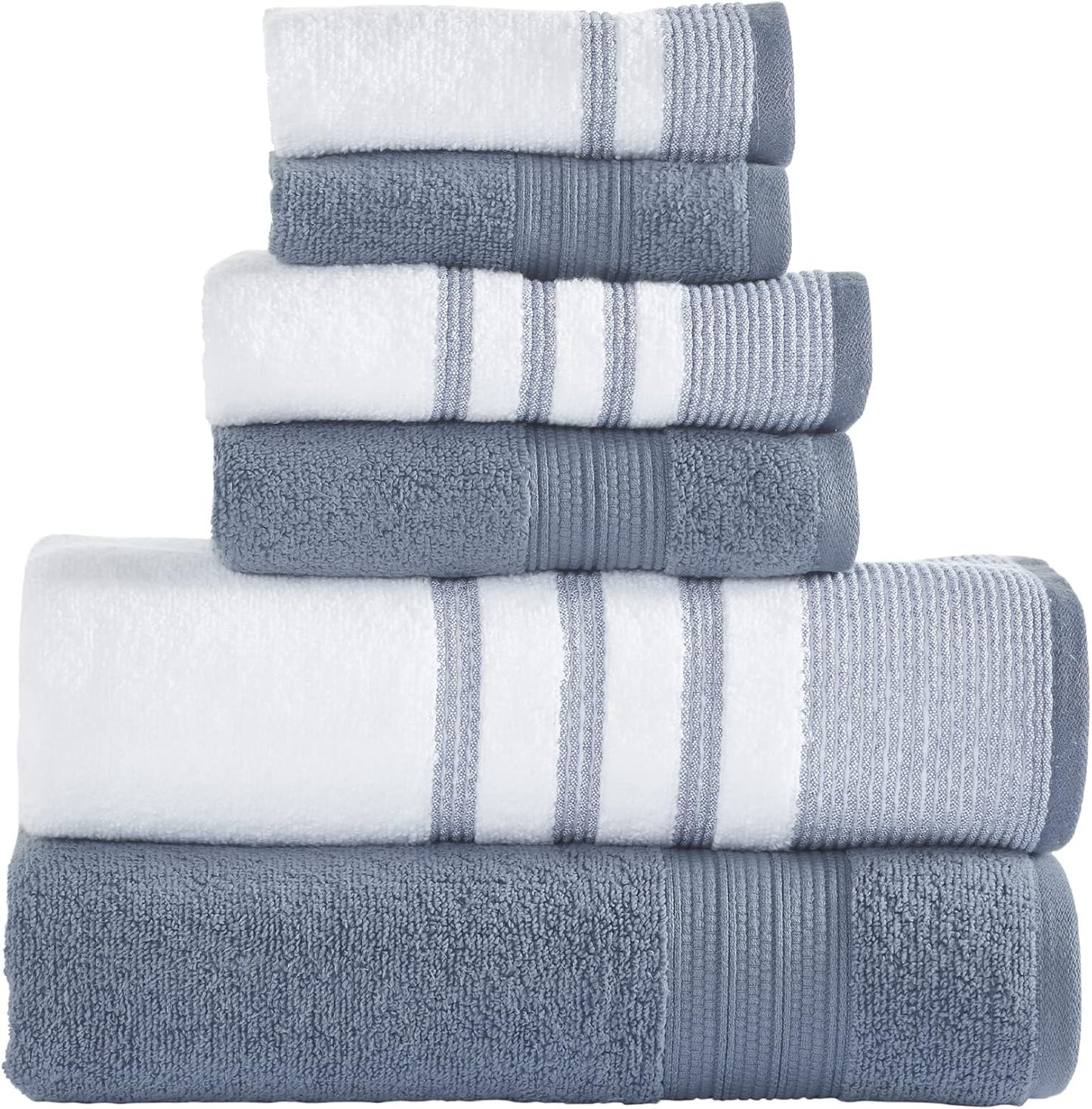 6 Piece Set, 2 Bath Towels, 2 Hand Towels, 2 Washcloths, Quick Dry White/Contrast Reinhart Sage