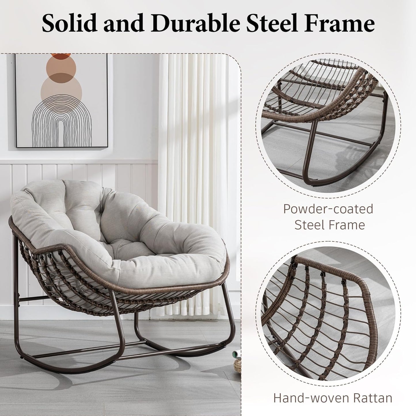 Large Indoor Outdoor Rocking Chair, Oversized Rocking Papasan Chair with Thick Cushion and Frame Outdoor Rocker, Comfy Wicker Egg Chairs Lounge for outside Porch Patio Backyard Balcony (Beige)