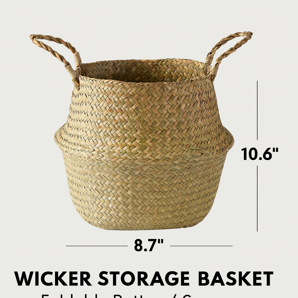 Wicker Storage Basket – Foldable Rattan Organizer for Home, Kitchen & Garden