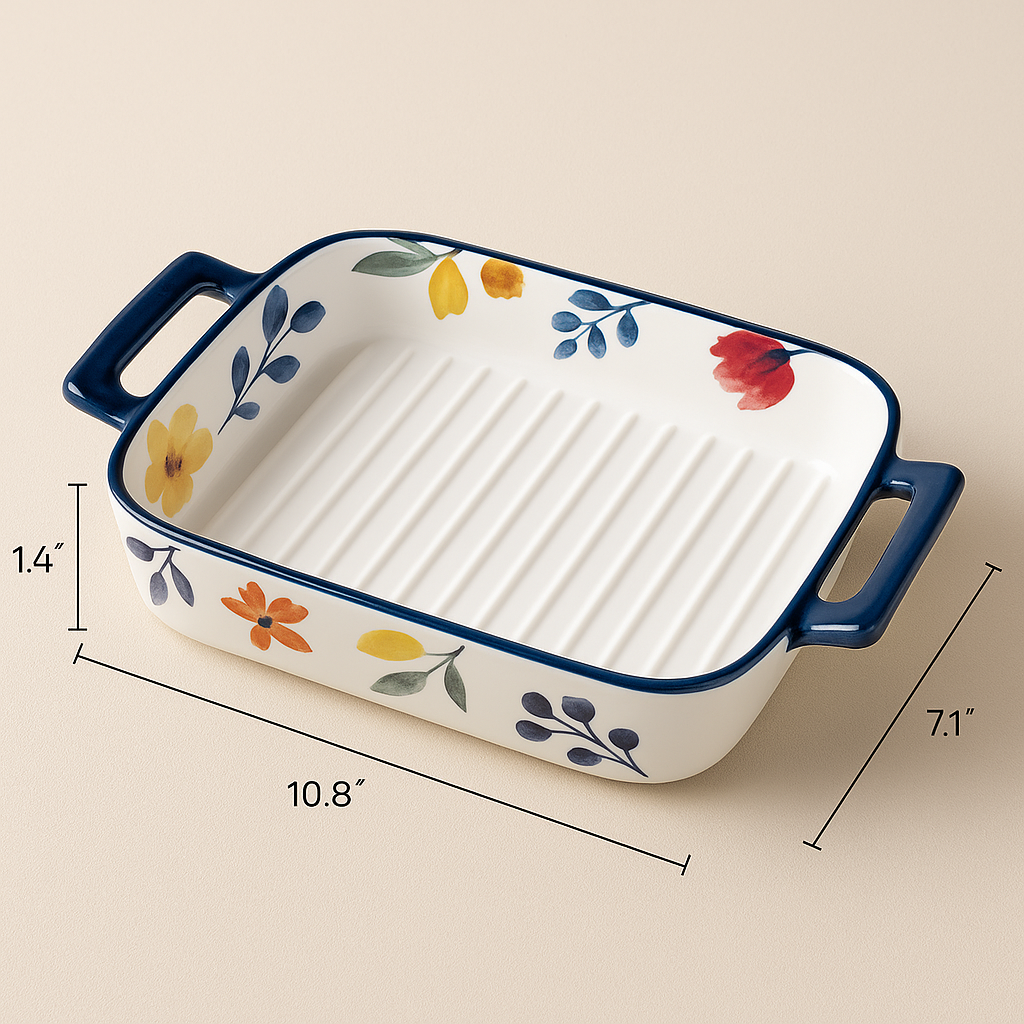 Ceramic Double-Ear Baking Dish – Floral Rectangular Oven Plate