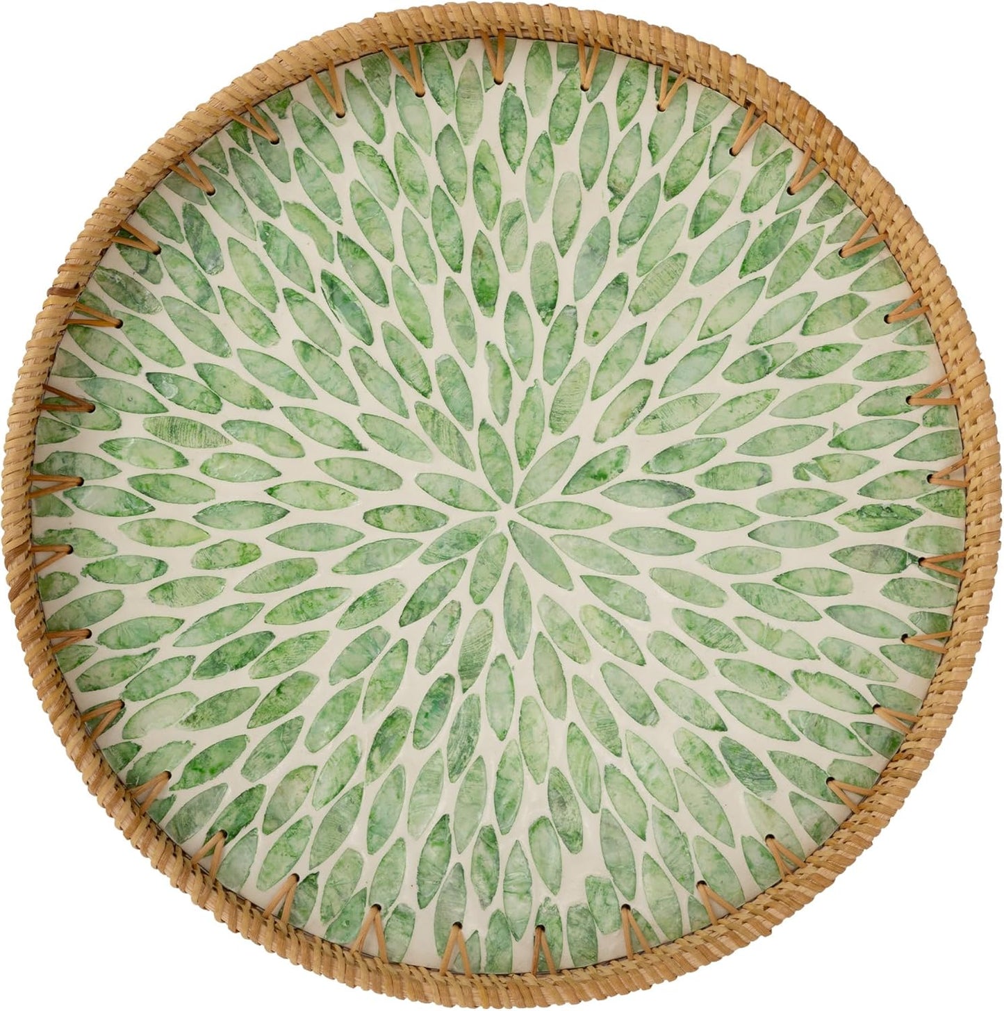 Decorative Coffee Table Trays for Home Decor, round Rattan Tray with Mother of Pearl Inlay, Small Wicker Woven Serving Tray Decor for Kitchen Counter, Living Room and Ottoman, Green