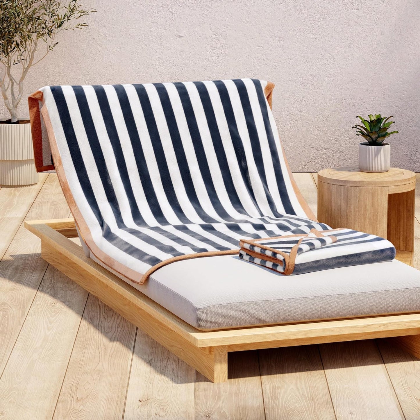 100% Cotton Velour Beach Towels - Oversized (35" X 70") Stripe Border Pool Towel - Quick Dry, Absorbent, Ultra-Soft (Mineral Blue/Blush).