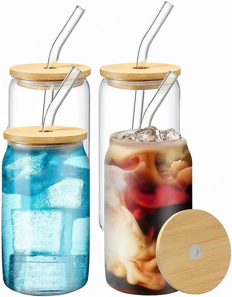 Drinking Glasses with Bamboo Lids and Glass Straw 2PCS Set, 16Oz Glass Cups with Lids and Straws, Beer, Iced Coffee Glasses, Soda, Gift 1 Cleaning Brushes