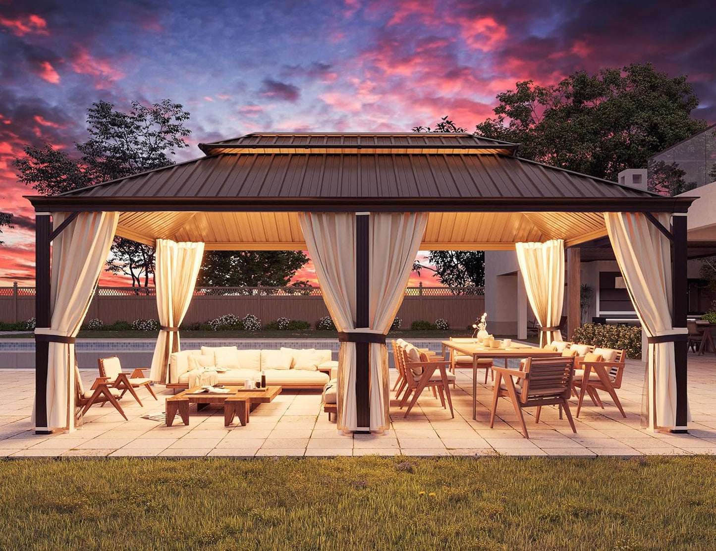 10' X 12' Hardtop Gazebo, Metal Gazebo with Aluminum Frame, Double Galvanized Steel Roof, Curtains and Netting Included, Pergolas for Patios, Garden, Parties, Lawns