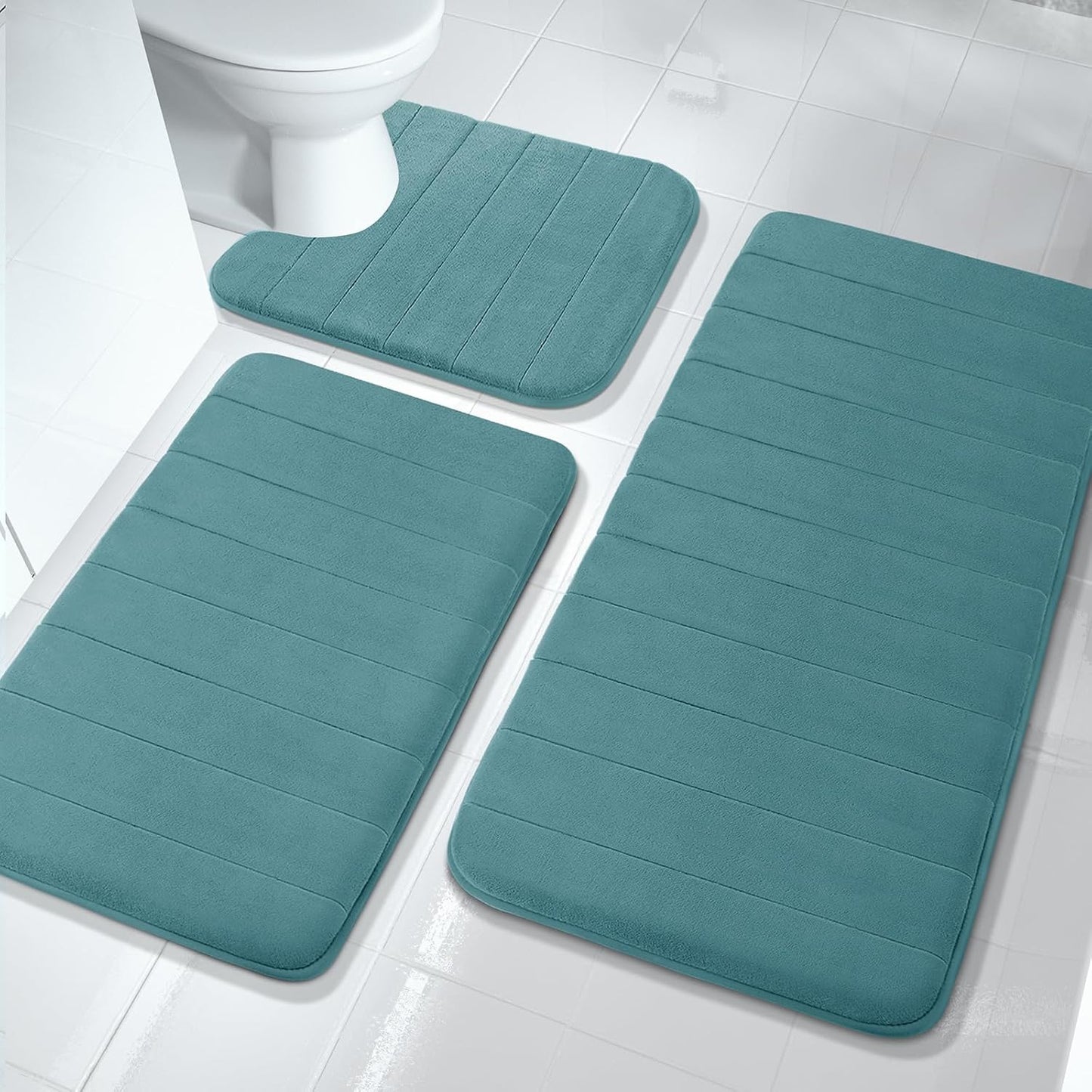 3 Pieces Memory Foam Bath Mat Set with U-Shaped Toilet Rug - Non Slip Super Soft Absorbent Quick Dry Bathroom Rugs for Bathtub, Vanity & Toilet Base, Beige