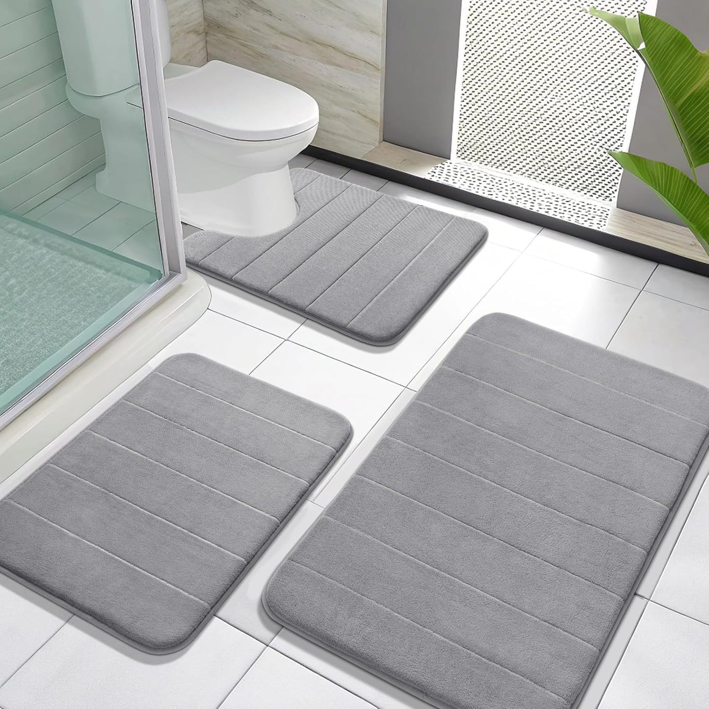 3 Pieces Memory Foam Bath Mat Set with U-Shaped Toilet Rug - Non Slip Super Soft Absorbent Quick Dry Bathroom Rugs for Bathtub, Vanity & Toilet Base, Beige