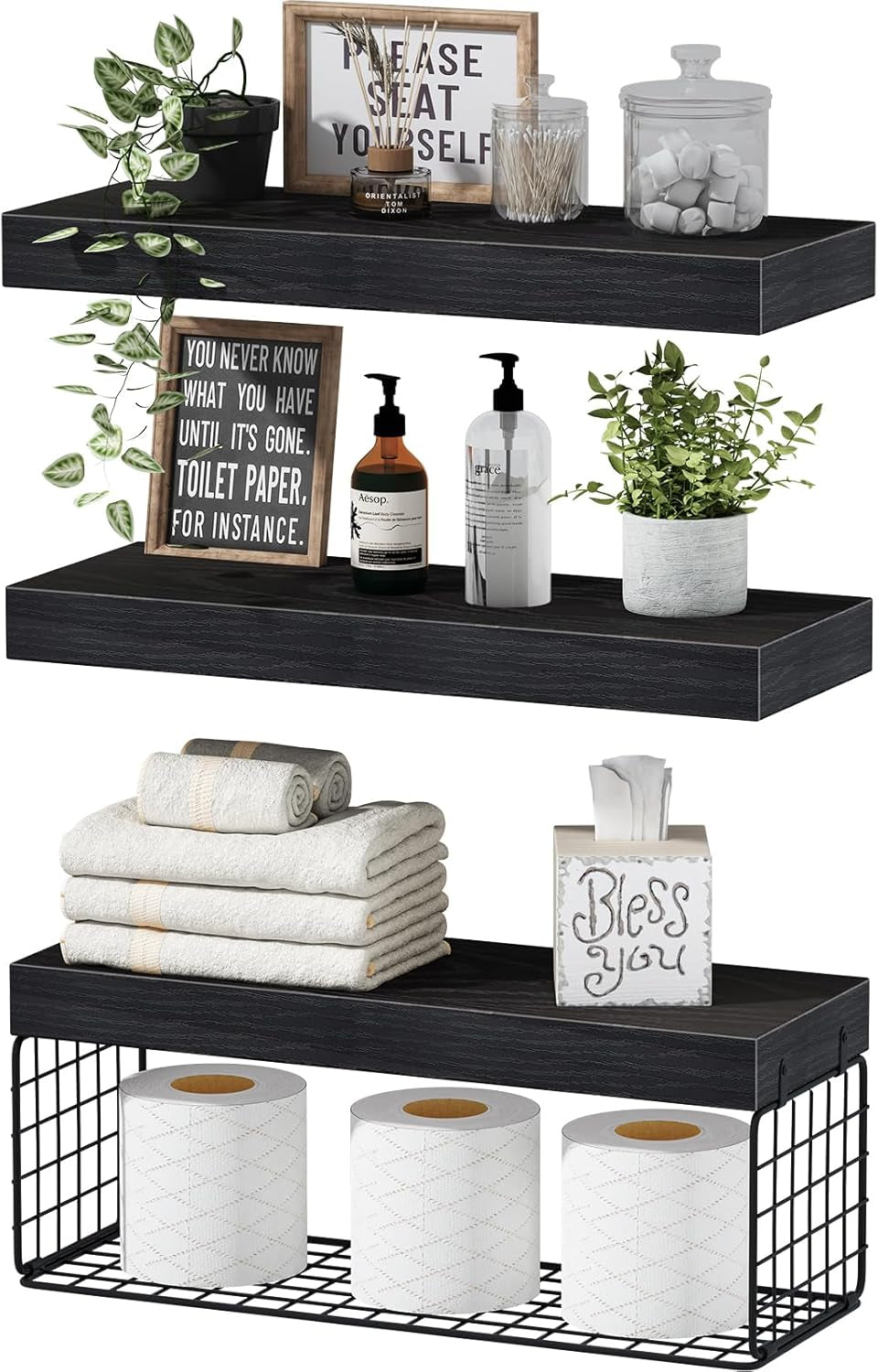 Bathroom Shelves over Toilet - Wall Mounted Floating Shelves Toilet Paper Storage Small Farmhouse Decor Shelf 16 Inch Set of 2, Rustic Brown (019-BN2)