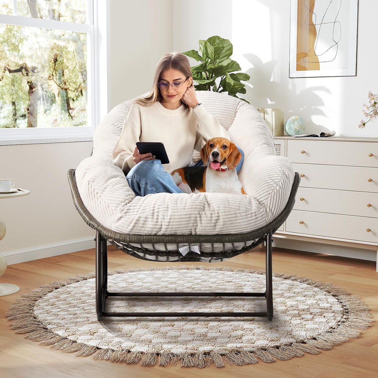 Large Indoor Outdoor Rocking Chair, Oversized Rocking Papasan Chair with Thick Cushion and Frame Outdoor Rocker, Comfy Wicker Egg Chairs Lounge for outside Porch Patio Backyard Balcony (Beige)