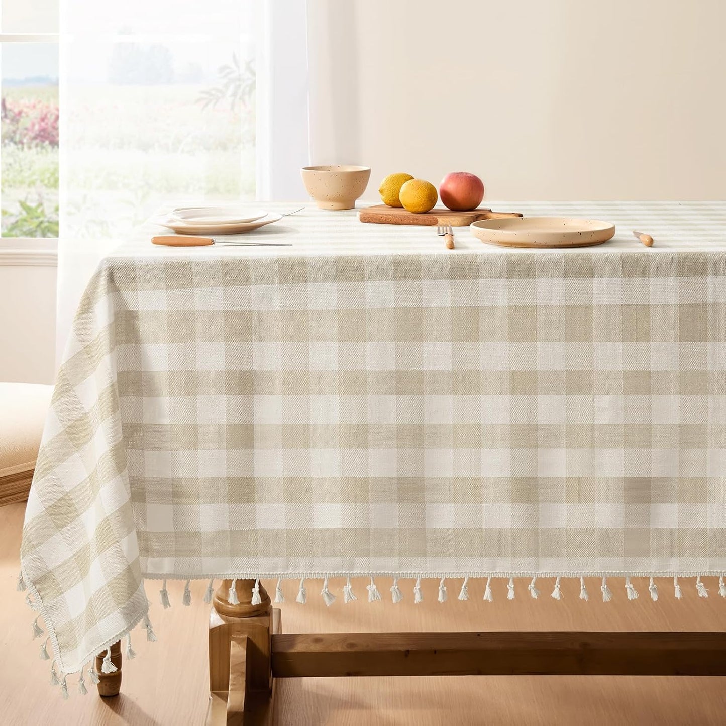 Checkered Tablecloth Rectangle, Heavy Weight Linen Gingham Christmas Table Cloth with Tassel, Washable Wrinkle Free Buffalo Plaid Table Cover for Dining/Party/Home - 55 X 84 Inch, Sage