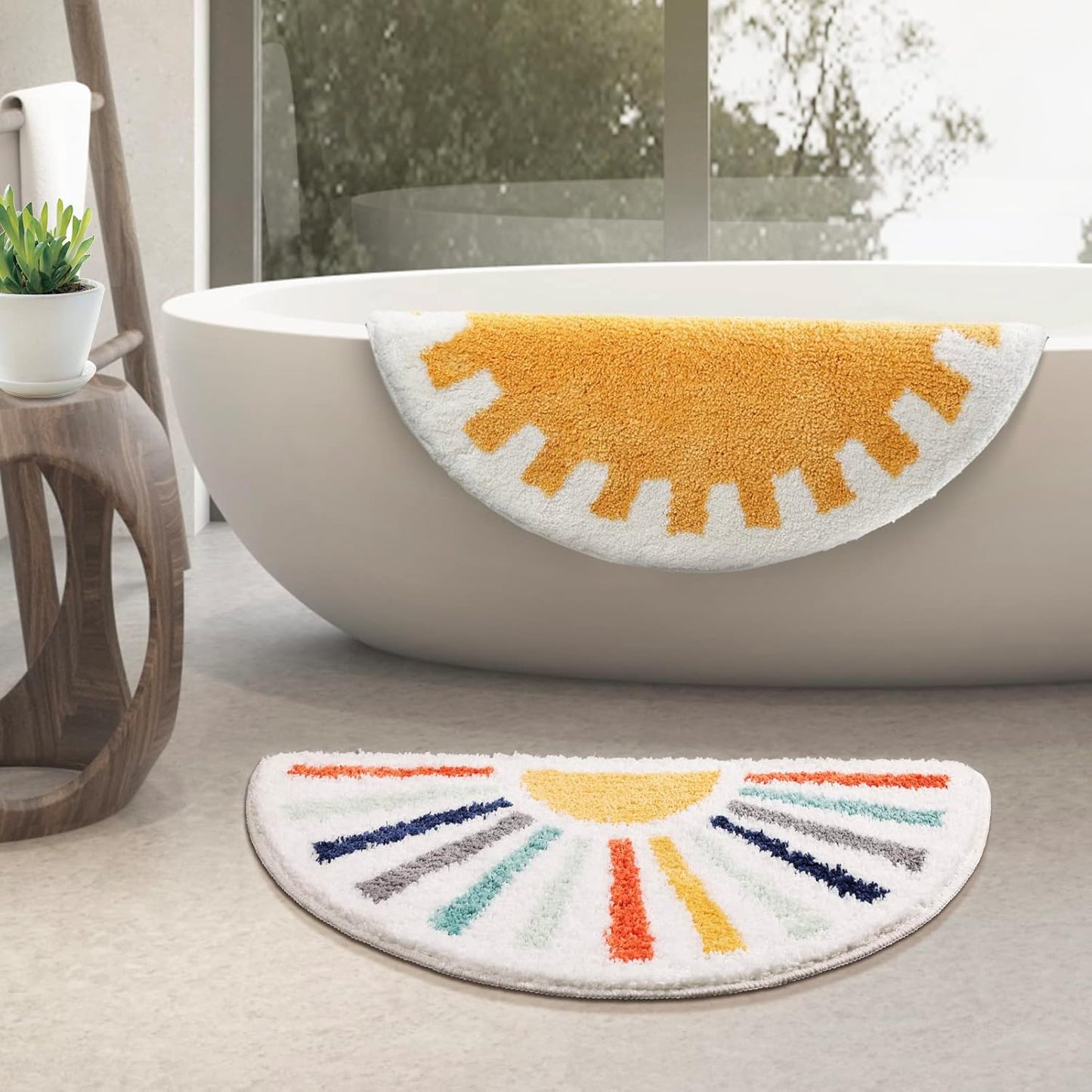 Colorful Boho Bath Mat Half round Water Absorbent Non-Slip Bathroom Rugs, Machine Washable Soft Microfiber Sun Bath Rug for Bathroom, Shower, Room