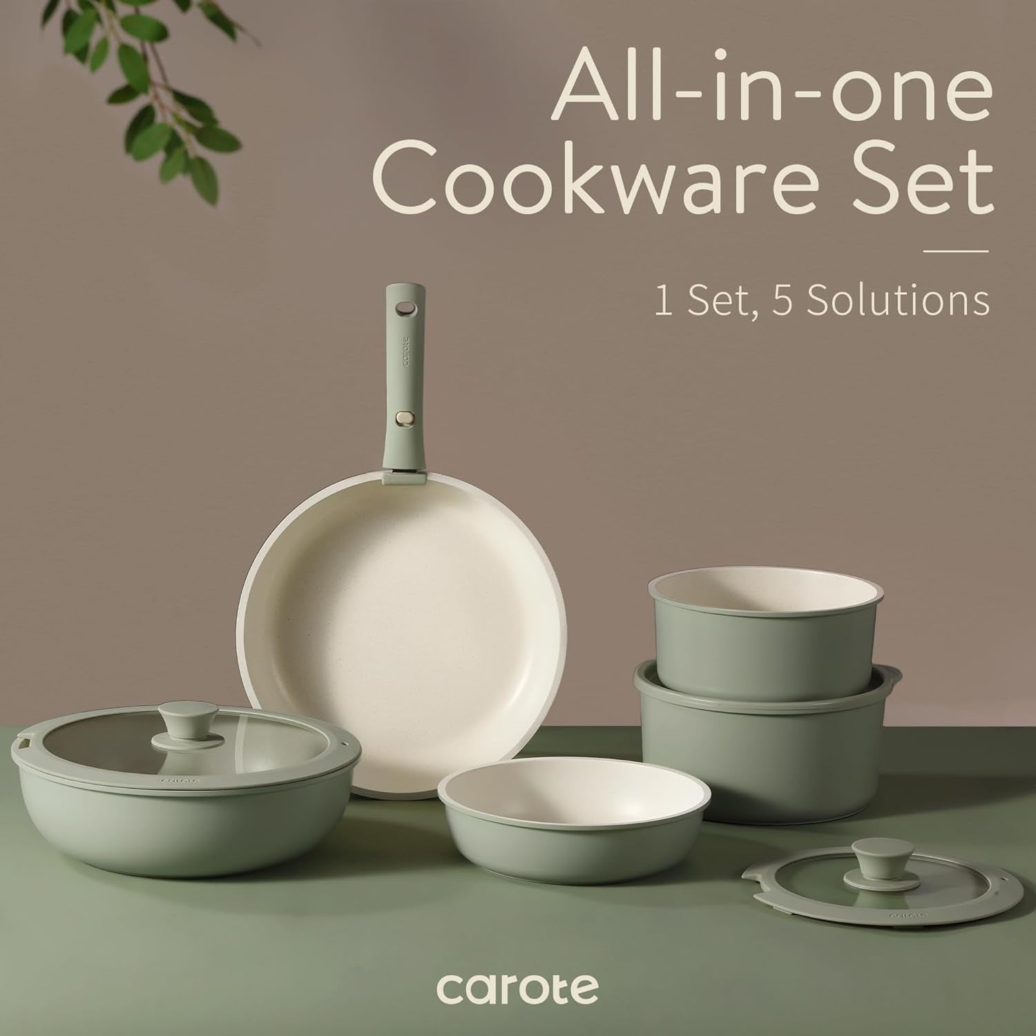 Pots and Pans Set, Nonstick Cookware Set Detachable Handle, 15Pcs Induction Kitchen Cookware Sets Non Stick with Removable Handle, RV Cookware Set, Oven Safe, Sage Green