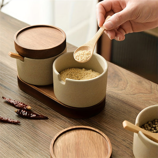 Minimalist Ceramic Spice Jar Set with Wooden Lid &amp; Spoon