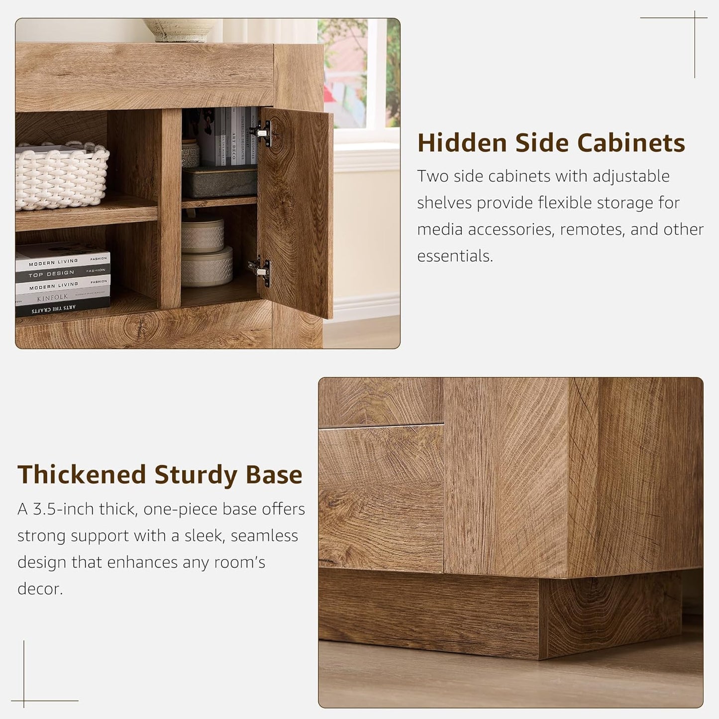 Modern 70" TV Stand, Entertainment Center for Tvs up to 80", Media Console with Large Open Storage & Side Cabinets, Thick Wood Design for Living Room, Light Knotty Oak